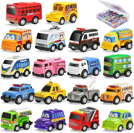 18 Pack Pull Back Car Toys with Storage Box, Mini Model Vehicle Bulk Set