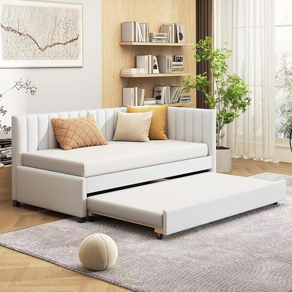 Flieks Upholstered Daybed with Trundle Twin Size Sofa Bed Frame No Box Spring Needed, Linen Fabric(Beige)