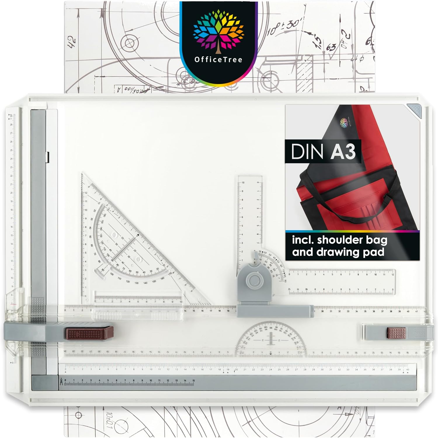 OfficeTree Drawing Board A3 Set - Geo Board 37 x 50 cm - 7 pcs. Architecture Equipment - Architecture Drawing Set - Drafting Table with Carrying Bag and Technical Drawing Equipment