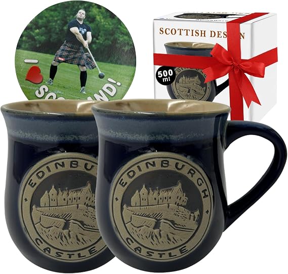 2 x 500ml Stoneware Piping hot Coffee Mug Coasters Set - Edinburgh Castle Embossed Cups, Complementary Scotland Theme Coasters for Coffee Tea Hot Chocolate - Scottish Heritage Gift Box (Blue)