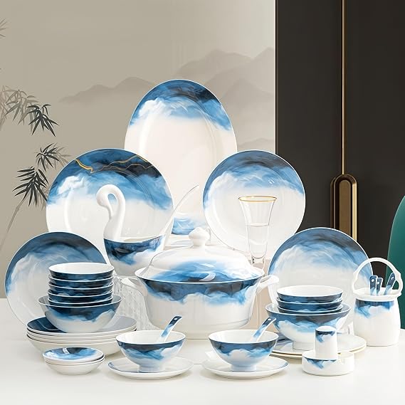 Fine Bone China Dinnerware Set, Porcelain&Ceramic Dinnerware Sets,Bone Stoneware & Ceramic Cookware Tableware Set Includes Dinner Plates|Spoons|Pasta Bowls|Soup Pot|Chopsticks (40 PCS)