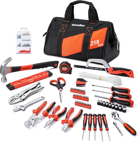 ValueMax 218-Piece Home Tool Kit with 13 Inch Tool Bag | Pliers Set, Metric Sockets Set, Ratchet Wrench, Bits Set, Screwdrivers, Hammer, Tape Measure, Hacksaw, Torpedo level, Scissor