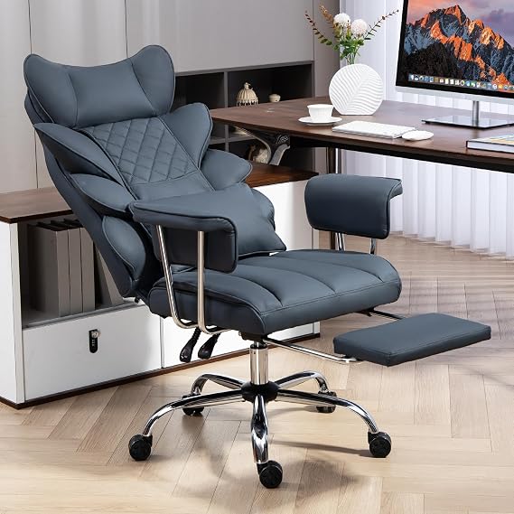 Ergonomic Office Chair with Footrest Executive Chair with 360° Rotation Function 90-135° Adjustable Backrest and Soft Armrests for Optimal Comfort (Dark Blue)
