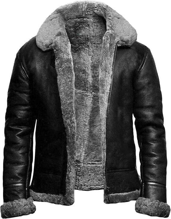 Men Faux Shearling Sheepskin Leather Jacket Aviator Bomber Coat Fur Lined Bomber Jackets Thickening Outercoat (Grey,Large)