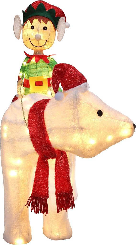 Haute Decor Elf Riding Polar Bear Duo - Large Outdoor Lighted Christmas Yard Decor with Energy-Efficient LED Lights