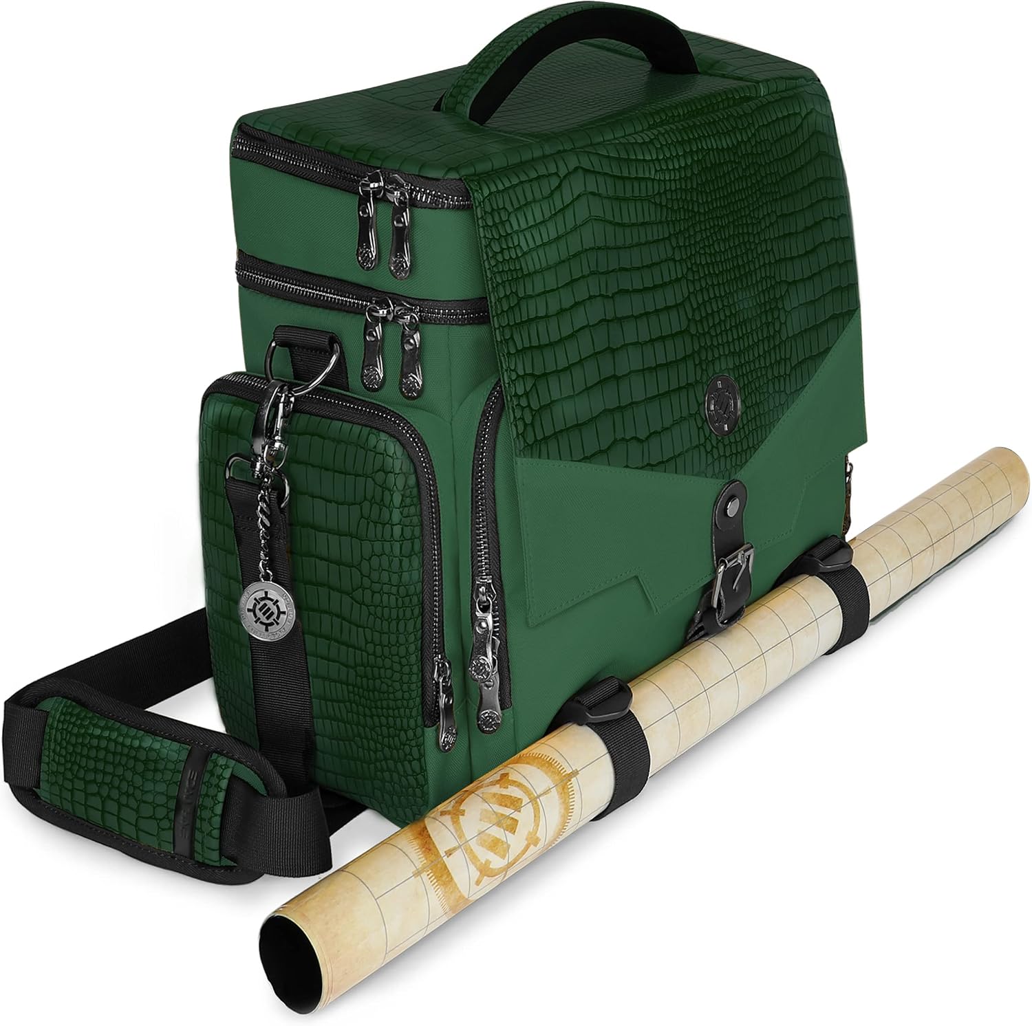 ENHANCE Collector's Edition RPG Adventurer's DND Bag - Dragon Hide Exterior Travel RPG Bag with Tabletop Miniatures Storage Vault, Mat Holder, DND Dice & Token Pockets, Fits 4-8 Books Dragon Green