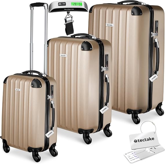 tectake® 3-Piece Hard Shell Suitcase Set in Durable & Shock-Resistant ABS with 3-Step, Telescopic Handles, Combination Locks, Smooth 360° Wheels, Luggage Scale & Tags, Dividable Interiors - Champagne