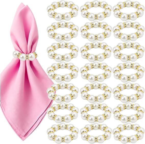 20Pcs Gold Napkin Rings Set Imitation Pearl Napkin Ring Holders for Wedding Reception Party Dinner Table Decor Essentials Metal Napkin Buckles Bulk Bridal Shower Holiday Gatherings Accessories
