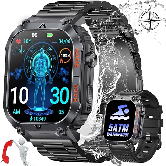 Military Smart Watch for Men 5ATM Waterproof Dive Watch 2.02'' HD Big Screen Fitness Tracker with Compass Rugged Tactical Smartwatch with Heart Rate Sleep Monitor Weather Pedometer for iPhone Android