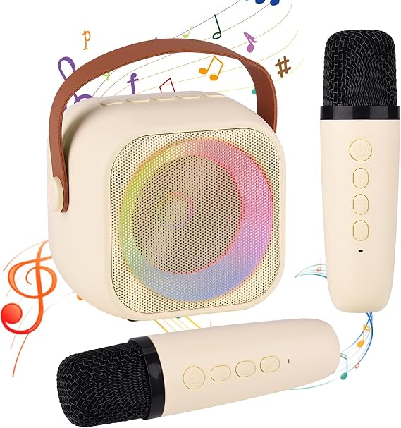 Karaoke Machine for Kids Adults, Mini Portable Bluetooth Karaoke Speaker with 2 Wireless Microphone and Lights,Toys for All Smartphones,Birthday, Family,Home Party Beige