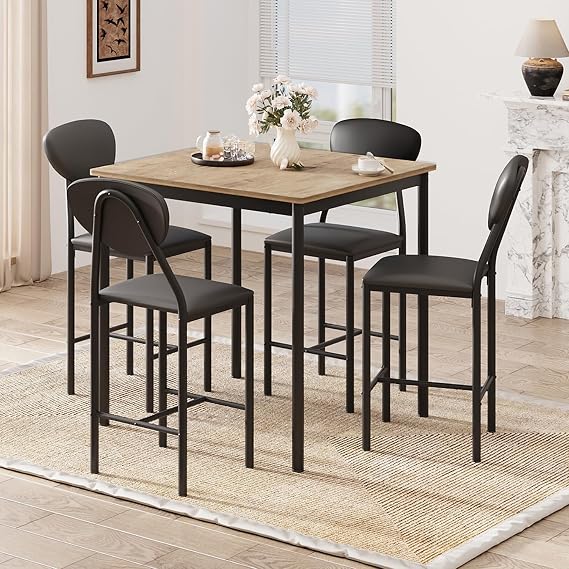 EROMMY Dining Table Set for 4, Modern Kitchen Table and Chairs with PU Leather Upholstery, Wood Dining Table with Chairs for Small Space, Dining Room, Brown