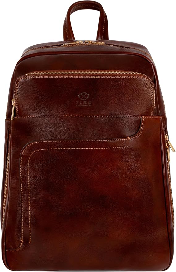 Time Resistance Leather Business Backpack - Leather Backpack for Laptop or A4 Portfolio - Computer Bag Made in Italy (Brown)