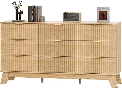 Fluted Dresser for Bedroom with 9 Drawers, 57 Mid Century Modern Dresser of Closet TV Stand, Nature Wood Dressers with Gold Handle, Boho Closet Wide Modern Chest of Drawers, Natural