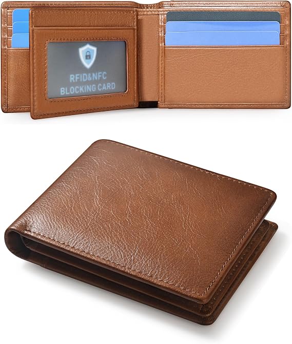 Genuine Leather Mens Wallet, RFID Blocking Bifold, Brown