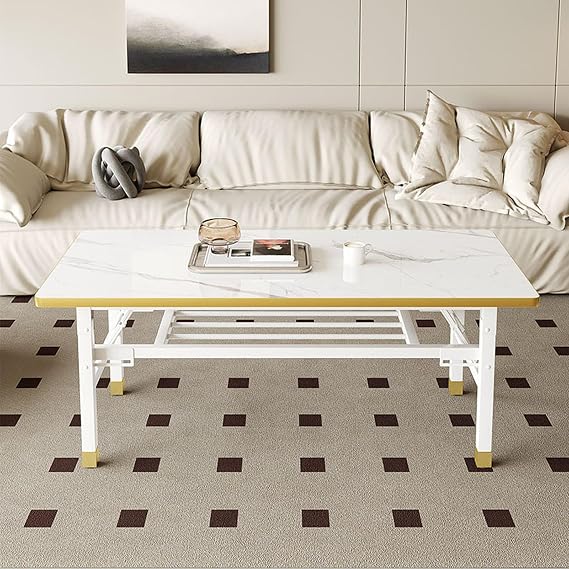 Modern Rectangle Coffee Table,Mid Century Foldable Coffee Tables,2-Tier Center Table for Living Room,Center Tables for Small Spaces with Round Corners,White,B