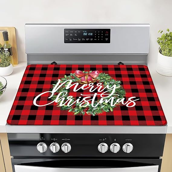 Christmas Stove Top Cover for Electric Stove, 20x28 In Red Plaid Stove Covers Xmas Stove Mat Winter Heat Resist Gas Range Mat Induction Kitchen Decor Cooktop Protector Pad
