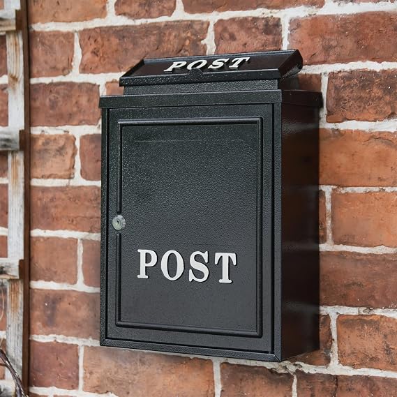 Black Wall Mounted Post Box With White Text Traditional Style Secure Mailbox for Home or Office Outdoor Use Decorative Wall Mounted Organiser Stylish Front Door Accent