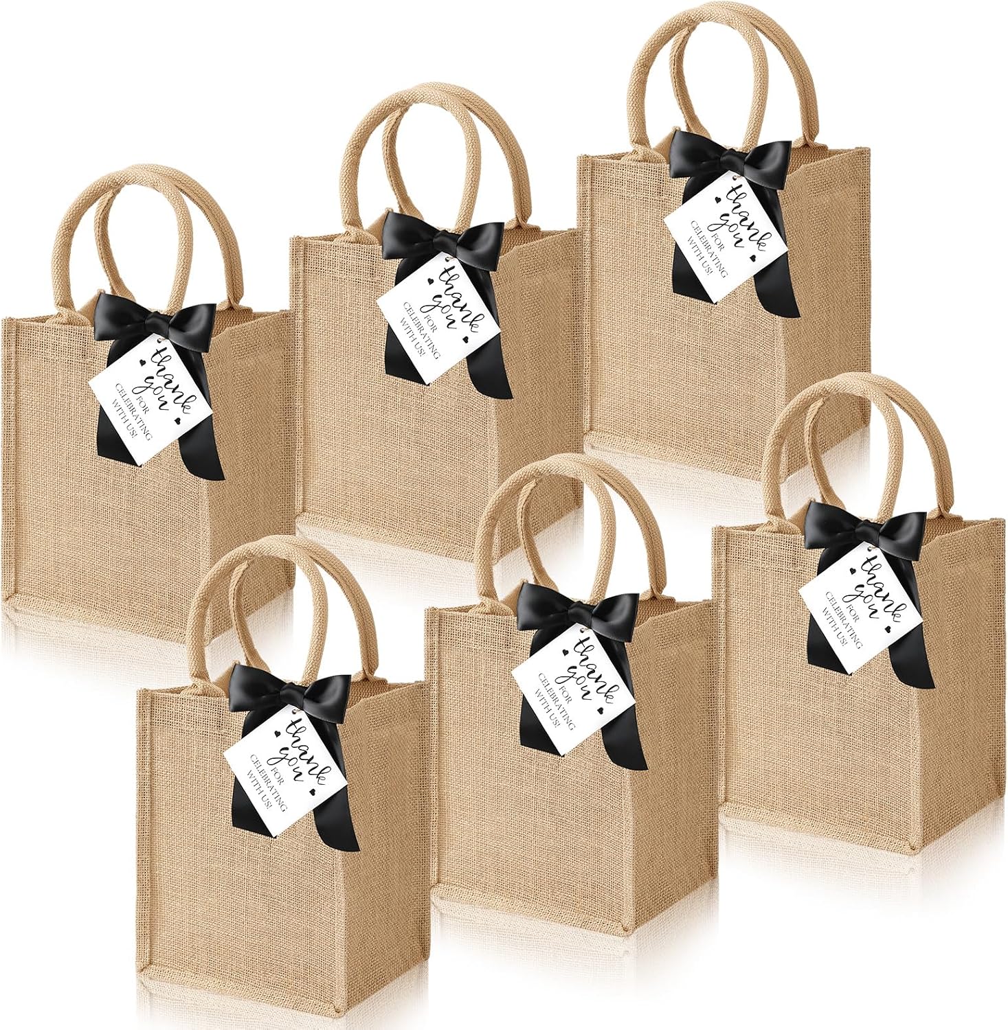 Paterr 6 Pack Burlap Tote Bags with Handles Small Bachelorette Party Gift Bag Reusable Jute Tote Bags with Bow Thank You Tag