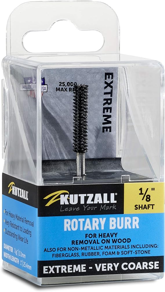 Kutzall Extreme Cylinder Burr, 18" Shaft, Very Coarse - Wood Carving Bit for Dremel, Foredom, DeWalt, Milwaukee. Abrasive Tungsten Carbide, 18" (3.1mm) Dia. X 78" (22.2mm) Length, CX-18-EC