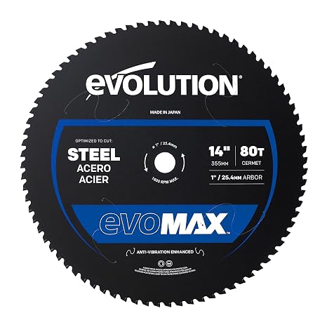 Evolution Power Tools, EVOMAX 355mm 80-Teeth Cermet Carbide Blade for Professional Heavy Duty Mild Steel Cutting