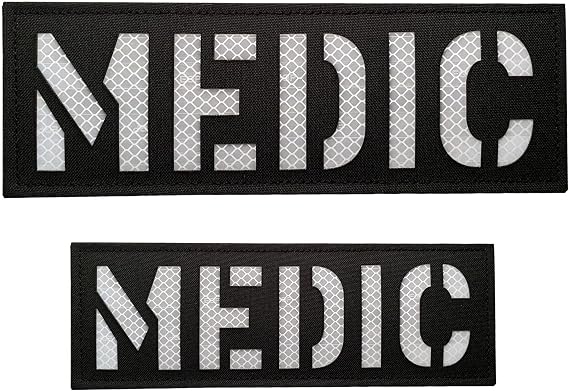 2 Pack Reflective Medic Patch Reflective Back Panel Medic Patch with Hook and Loop One Small and One Large Black (Black-White)