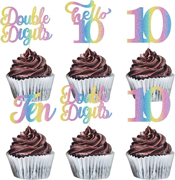 18Pcs 10th Birthday Cupcake Toppers - Rainbow Glitter Double Digits Cupcake Decorations - Hello 10 - Cheers to 10th Birthday Cupcake Picks - Ten Years Old Birthday Party Supplies