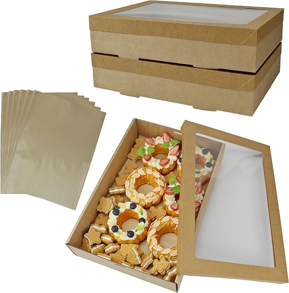 6 Pack Brown Cake Boxes with Window,36 x 25 x 8cm Large Cardboard Gift Warpping Box Kraft Bakery Boxes for Packing