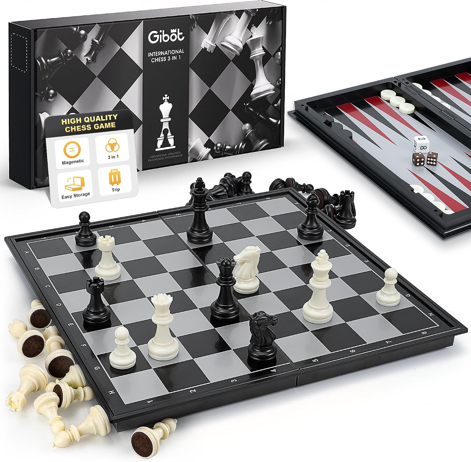 Gibot Chess Set Backgammon and Draughts 3 in 1, Portable and Folding Chess Board Set, Magnetic Chess, Travel Chess Board Checkers Piece, Traditional Strategy Game For Kids and Adults, 12.6x12.6 inch