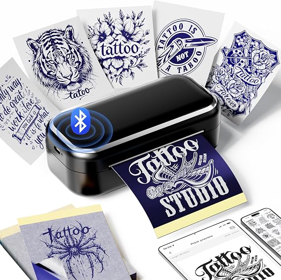 Ponek Tattoo Stencil Printer, Mini Thermal Tattoo Printer Machine with 30pcs Transfer Paper, Bluetooth Stencil Printe for Temporary Tattoos, Artists & Beginners, Compatible with Smartphone & Tablet