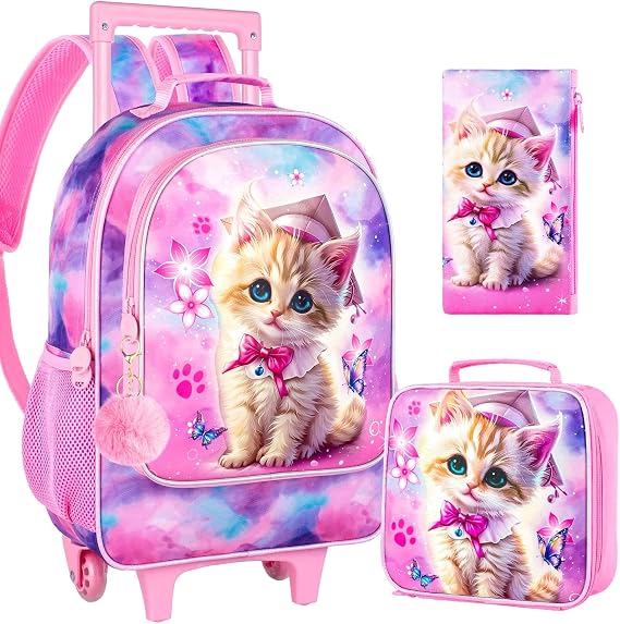 AGSDON 3PCS Rolling Backpack for Girls and Boys, Kids Roller Wheels Bookbag, Wheeled Elementary School Bag with Lunch Bag