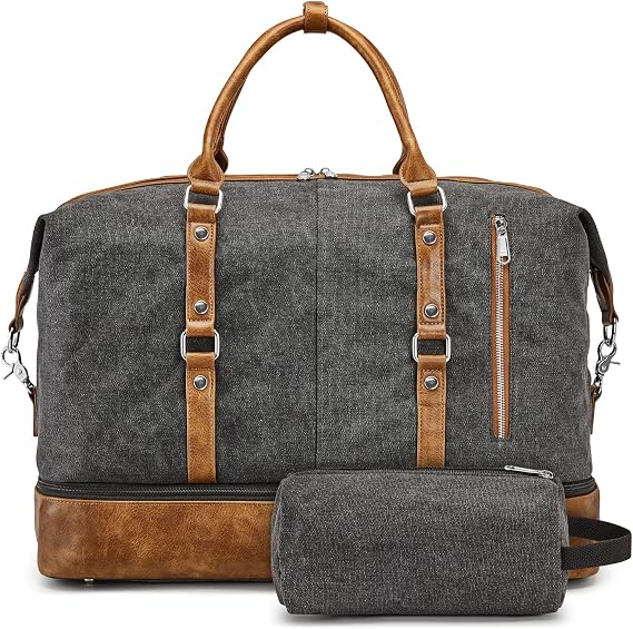 S-ZONE Weekender Bag for Men Canvas Duffle Large Weekend Overnight Travel Carry On Tote Bag with Shoe Compartment Black