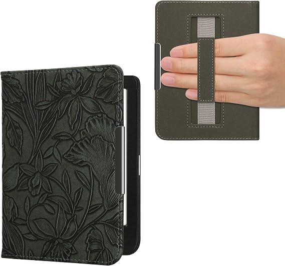 kwmobile Cover for Kobo Clara BW/Colour Case - eReader Cover with hand strap and auto sleep funktion - Embossing Flowers with Green