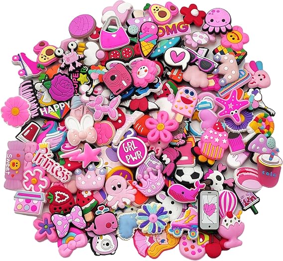 30/50/100 Pcs Random Pink Shoe Charms for Girls, Cartoon Cute PVC Bulk Croc Accessories Charms Suitable for Shoes Clog Sandals
