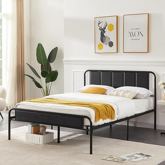 VECELO Queen Size Bed Frame with Wooden Headboard & Footboard,Queen Bed Metal Platform Mattress Foundation Strong Metal Slats Support No Box Spring Needed,Easy Assemble