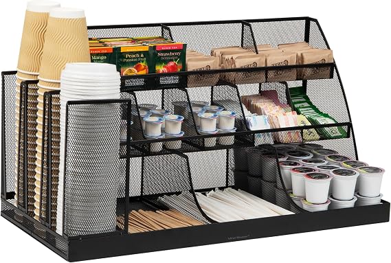 Mind Reader CMG2MESH-BLK 14-Compartment Coffee Cup and Condiment Countertop Organizer, Metal Mesh, 23.75" L x 11.5" W x 12.5" H, Black