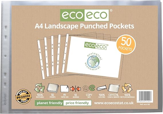 eco-eco A4 100% Recycled Landscape Multi Punched Pockets Glass Clear, Transparent Poly Wallet Sheet Protector, 45 Microns (Pack of 50), eco145