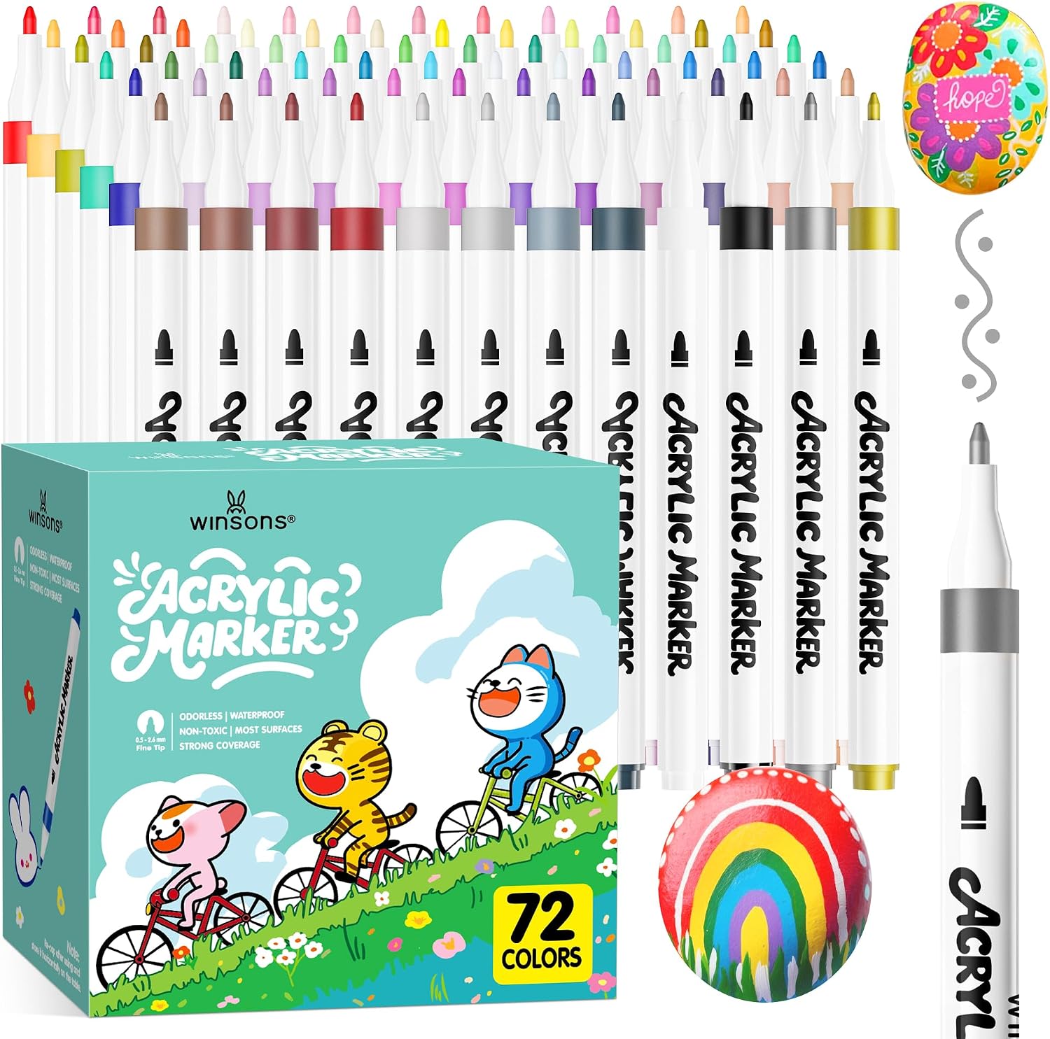 WINSONS Colouring Pens 72 Colours, Fine Tip, Non-Toxic, Waterproof, Non-Bleeding, Permanent for Paper, Eggs, Cap, Fabrics, Stones, Pottery, Glass, Plastics, Handicrafts