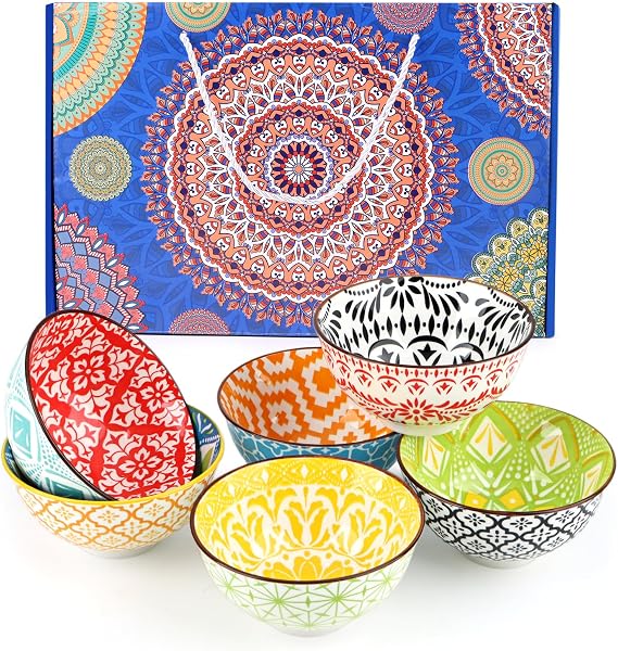 6-Piece Ceramic Tapas Bowls Set 10oz – Bohemian Design with Gift Box