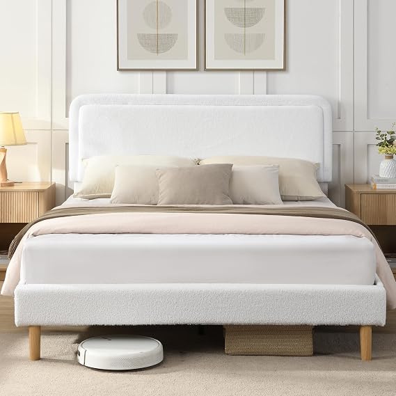 Queen Size Cloud Bed Frame with Adjustable Headboard, White