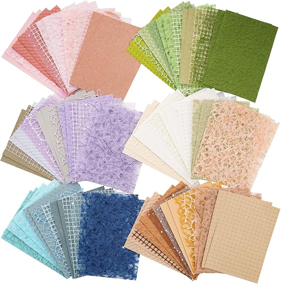 96 Sheets Textured Scrapbook Paper and Mesh Fabric Assorted Set - 6 Pack Mixed Special Paper for Scrapbooking Planner Bullet Junk Journal Supplies Mixed Media Collage Card Embellishments 3.9x5.5 Inch
