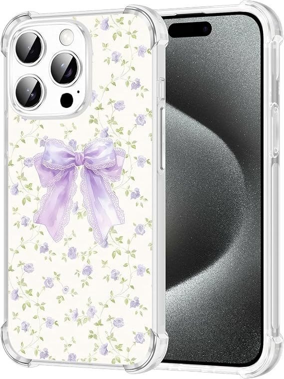 iPhone 15 Pro 6.1インチパープルボウフローラルケース、エレガントなレース刺繍花柄クリアフォンケース、女性、女の子用、黄変防止耐衝撃フルボディ保護カバー