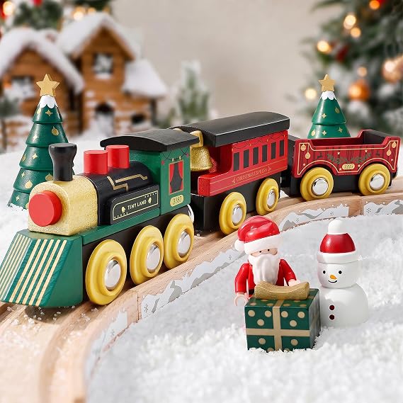 Tiny Land Christmas Train Set, 12-Piece Wooden Railway Expansion for Kids