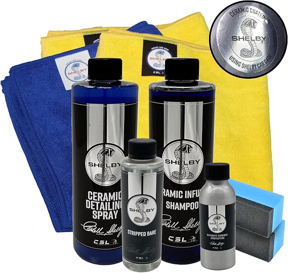 Shelby Ceramic Coating Full Car Care Kit Bundle, including shampoo, ceramic coating, ceramic detailing spray, cloths, applicators plus trigger spray for ease of use (6 products)