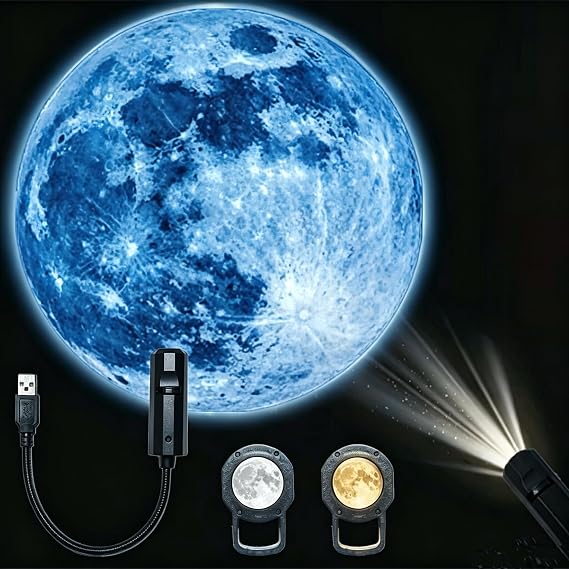 YOWOCAL Moon Projector Night Light, USB Flexible Lamp with 3 Moon Modes for Bedroom Car Decor
