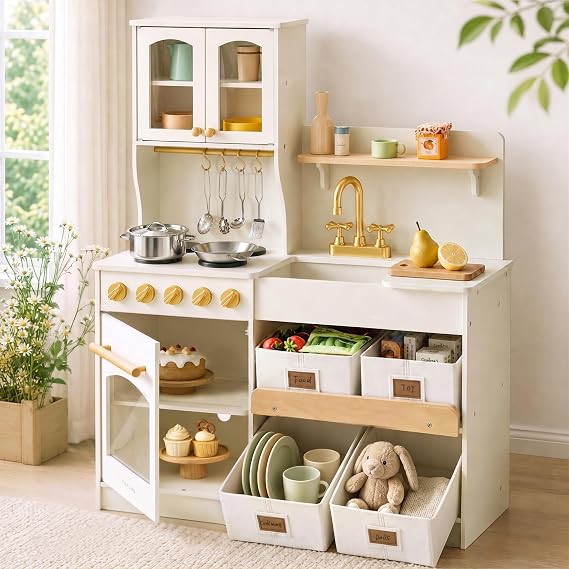 Tiny Land Wooden Play Kitchen for Kids with Toy Storage for Pretend Play
