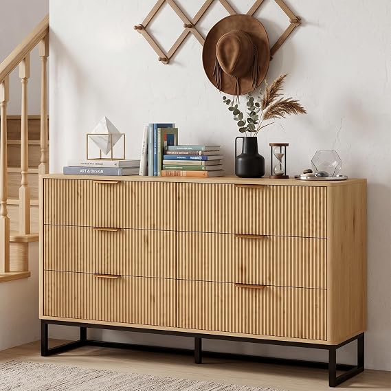 Sideboard Buffet Cabinet with 6 Drawers, 137cm Fluted Storage Cabinet, Modern Coffee Bar Cupboard for Dining Room Living Room Hallway Entryway, Natural Oak (Natural)