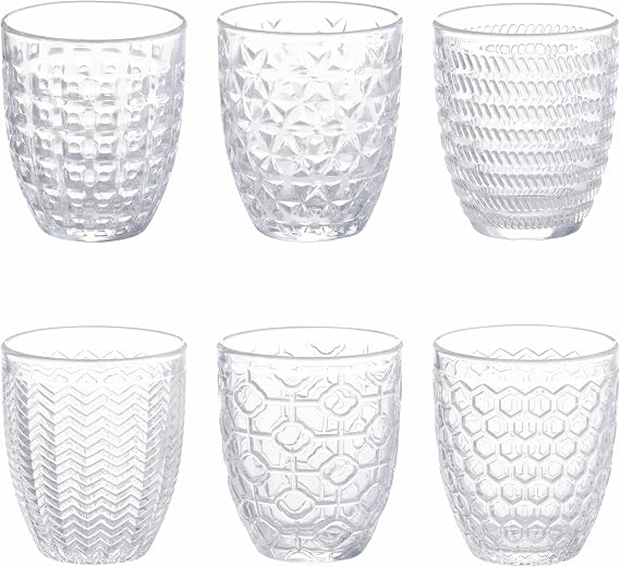 Villa d'Este Home Tivoli 1996 Geometrie Light 320 ml Clear Embossed Glass Water Tumblers, Set of 6