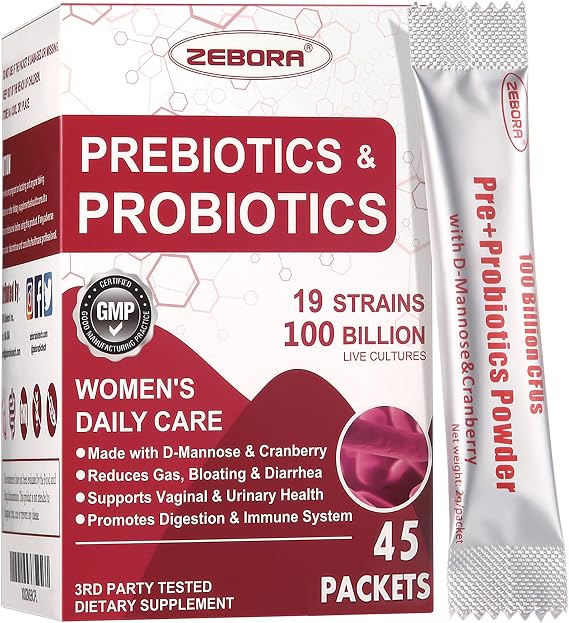 ZEBORA Feminine Probiotics for Women, 100 Billion CFUs, 45 Packets | With Prebiotics, D-Mannose, and Cranberry for Digestive, Immune, and Feminine Urinary Tract Health, Soy and Gluten Free
