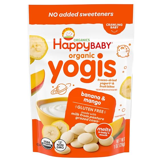 Happy Baby Organic Yogis Freeze-Dried Yogurt & Fruit Snacks Banana Mango, 1 Ounce Bag Organic Gluten-Free Easy to Chew Probiotic Snacks for Babies & Toddlers