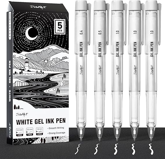 JusArt White Gel Pens for Art with Assorted Tips, 5 Pack | 0.4mm, 0.5mm & 1.0mm White Ink Pens for Black Paper, Drawing, Journaling & DIY Crafts, Ideal for Artists & Art Supplies